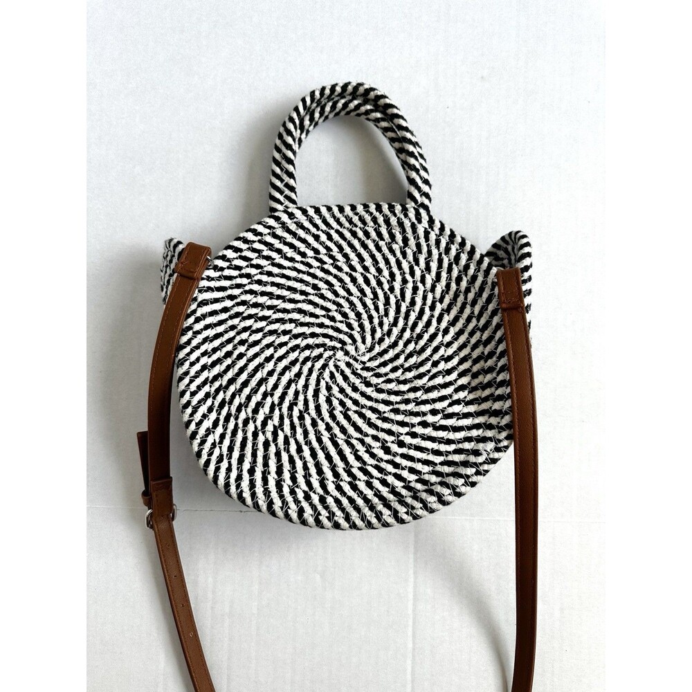 Black And White Rope Woven Round Purse Double Handle Bag W Crossbody Strap